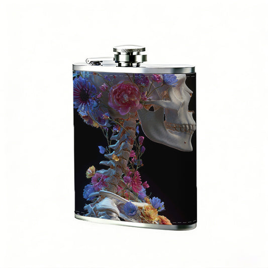 "Skeleton decorated with colorful flowers" 304 Stainless Steel 8oz Hip Flask Portable Leak-Proof Pocket Whiskey Flask for Outdoor Camping Hiking