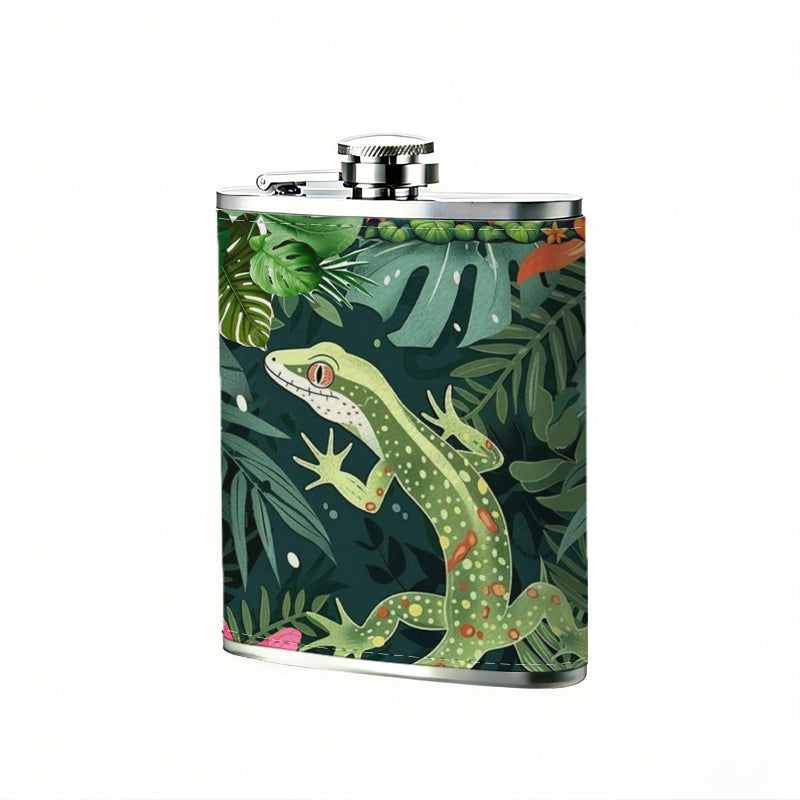 Lizard among tropical plants and flowers 304 Stainless Steel 8oz Hip Flask Portable Leak-Proof Pocket Whiskey Flask for Outdoor Camping Hiking
