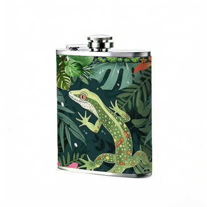 Lizard among tropical plants and flowers 304 Stainless Steel 8oz Hip Flask Portable Leak-Proof Pocket Whiskey Flask for Outdoor Camping Hiking