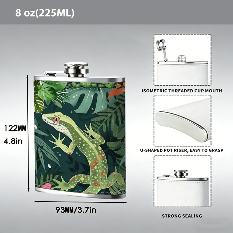 Lizard among tropical plants and flowers 304 Stainless Steel 8oz Hip Flask Portable Leak-Proof Pocket Whiskey Flask for Outdoor Camping Hiking