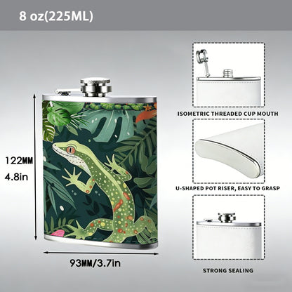 Lizard among tropical plants and flowers 304 Stainless Steel 8oz Hip Flask Portable Leak-Proof Pocket Whiskey Flask for Outdoor Camping Hiking
