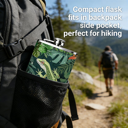 Lizard among tropical plants and flowers 304 Stainless Steel 8oz Hip Flask Portable Leak-Proof Pocket Whiskey Flask for Outdoor Camping Hiking