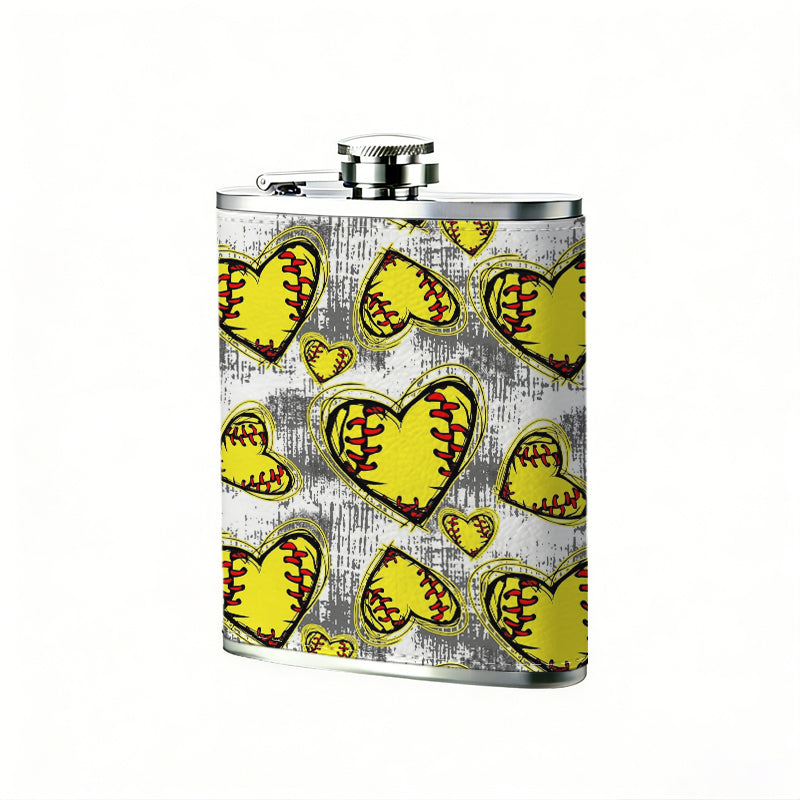 Yellow softball heart pattern 304 Stainless Steel 8oz Hip Flask Portable Leak-Proof Pocket Whiskey Flask for Outdoor Camping Hiking