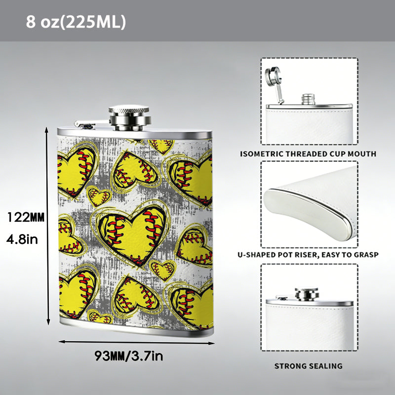 Yellow softball heart pattern 304 Stainless Steel 8oz Hip Flask Portable Leak-Proof Pocket Whiskey Flask for Outdoor Camping Hiking