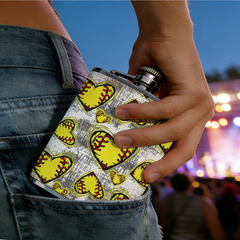 Yellow softball heart pattern 304 Stainless Steel 8oz Hip Flask Portable Leak-Proof Pocket Whiskey Flask for Outdoor Camping Hiking