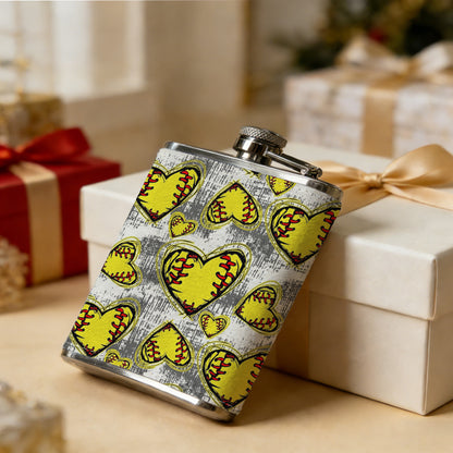 Yellow softball heart pattern 304 Stainless Steel 8oz Hip Flask Portable Leak-Proof Pocket Whiskey Flask for Outdoor Camping Hiking