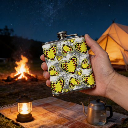 Yellow softball heart pattern 304 Stainless Steel 8oz Hip Flask Portable Leak-Proof Pocket Whiskey Flask for Outdoor Camping Hiking