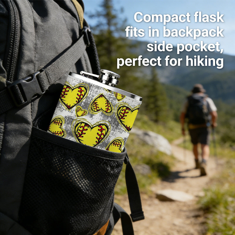 Yellow softball heart pattern 304 Stainless Steel 8oz Hip Flask Portable Leak-Proof Pocket Whiskey Flask for Outdoor Camping Hiking