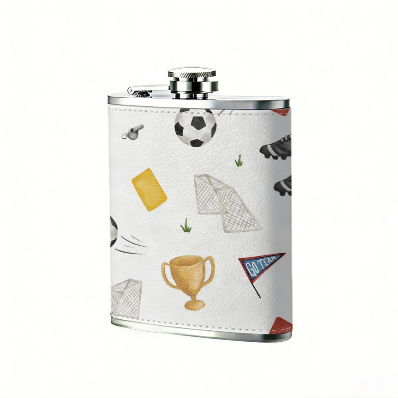Football themed pattern with balls, boots, cards and cups 304 Stainless Steel 8oz Hip Flask Portable Leak-Proof Pocket Whiskey Flask for Outdoor Camping Hiking
