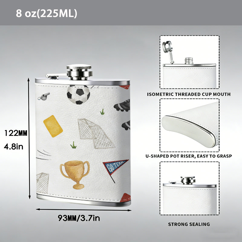Football themed pattern with balls, boots, cards and cups 304 Stainless Steel 8oz Hip Flask Portable Leak-Proof Pocket Whiskey Flask for Outdoor Camping Hiking