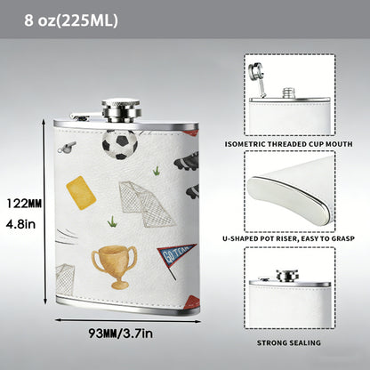 Football themed pattern with balls, boots, cards and cups 304 Stainless Steel 8oz Hip Flask Portable Leak-Proof Pocket Whiskey Flask for Outdoor Camping Hiking