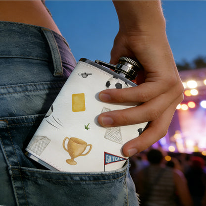 Football themed pattern with balls, boots, cards and cups 304 Stainless Steel 8oz Hip Flask Portable Leak-Proof Pocket Whiskey Flask for Outdoor Camping Hiking