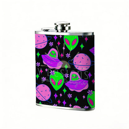 Neon alien UFO space pattern 304 Stainless Steel 8oz Hip Flask Portable Leak-Proof Pocket Whiskey Flask for Outdoor Camping Hiking