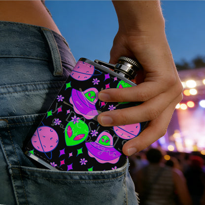 Neon alien UFO space pattern 304 Stainless Steel 8oz Hip Flask Portable Leak-Proof Pocket Whiskey Flask for Outdoor Camping Hiking