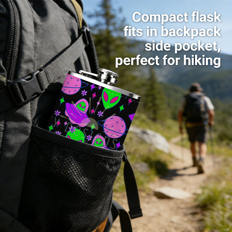 Neon alien UFO space pattern 304 Stainless Steel 8oz Hip Flask Portable Leak-Proof Pocket Whiskey Flask for Outdoor Camping Hiking