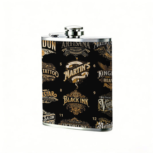 Set of vintage typographic logo badges 304 Stainless Steel 8oz Hip Flask Portable Leak-Proof Pocket Whiskey Flask for Outdoor Camping Hiking