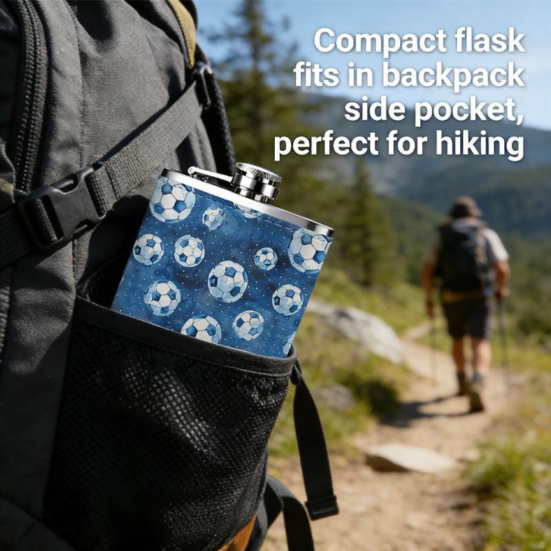 Blue soccer balls pattern 304 Stainless Steel 8oz Hip Flask Portable Leak-Proof Pocket Whiskey Flask for Outdoor Camping Hiking