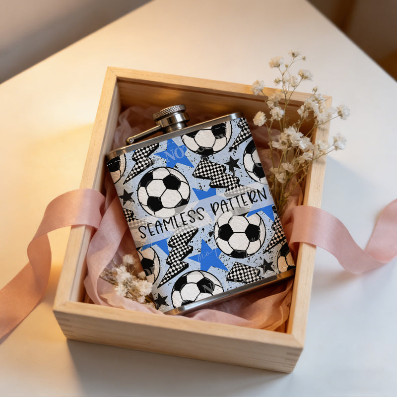Soccer balls lightning stars seamless pattern 304 Stainless Steel 8oz Hip Flask Portable Leak-Proof Pocket Whiskey Flask for Outdoor Camping Hiking