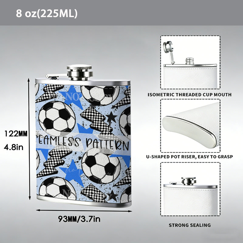 Soccer balls lightning stars seamless pattern 304 Stainless Steel 8oz Hip Flask Portable Leak-Proof Pocket Whiskey Flask for Outdoor Camping Hiking