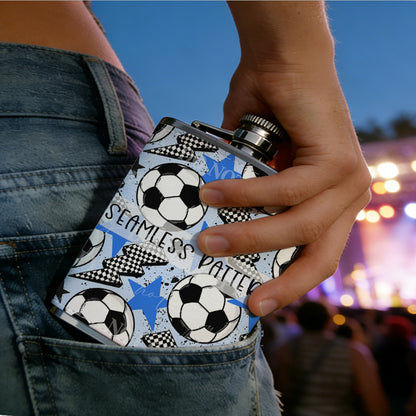 Soccer balls lightning stars seamless pattern 304 Stainless Steel 8oz Hip Flask Portable Leak-Proof Pocket Whiskey Flask for Outdoor Camping Hiking