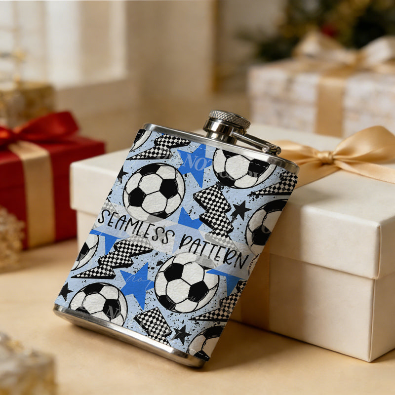 Soccer balls lightning stars seamless pattern 304 Stainless Steel 8oz Hip Flask Portable Leak-Proof Pocket Whiskey Flask for Outdoor Camping Hiking