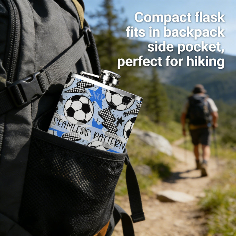 Soccer balls lightning stars seamless pattern 304 Stainless Steel 8oz Hip Flask Portable Leak-Proof Pocket Whiskey Flask for Outdoor Camping Hiking