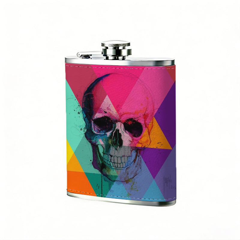 Glitchy skull with colorful rainbow background 304 Stainless Steel 8oz Hip Flask Portable Leak-Proof Pocket Whiskey Flask for Outdoor Camping Hiking