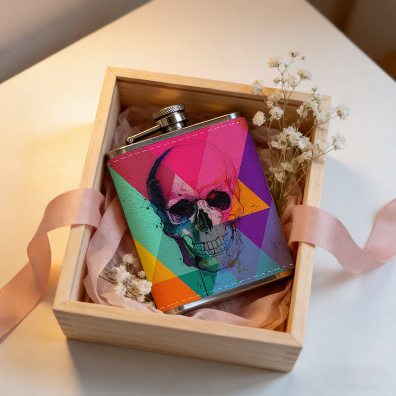 Glitchy skull with colorful rainbow background 304 Stainless Steel 8oz Hip Flask Portable Leak-Proof Pocket Whiskey Flask for Outdoor Camping Hiking