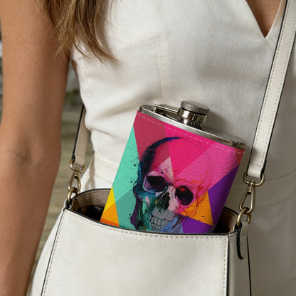 Glitchy skull with colorful rainbow background 304 Stainless Steel 8oz Hip Flask Portable Leak-Proof Pocket Whiskey Flask for Outdoor Camping Hiking