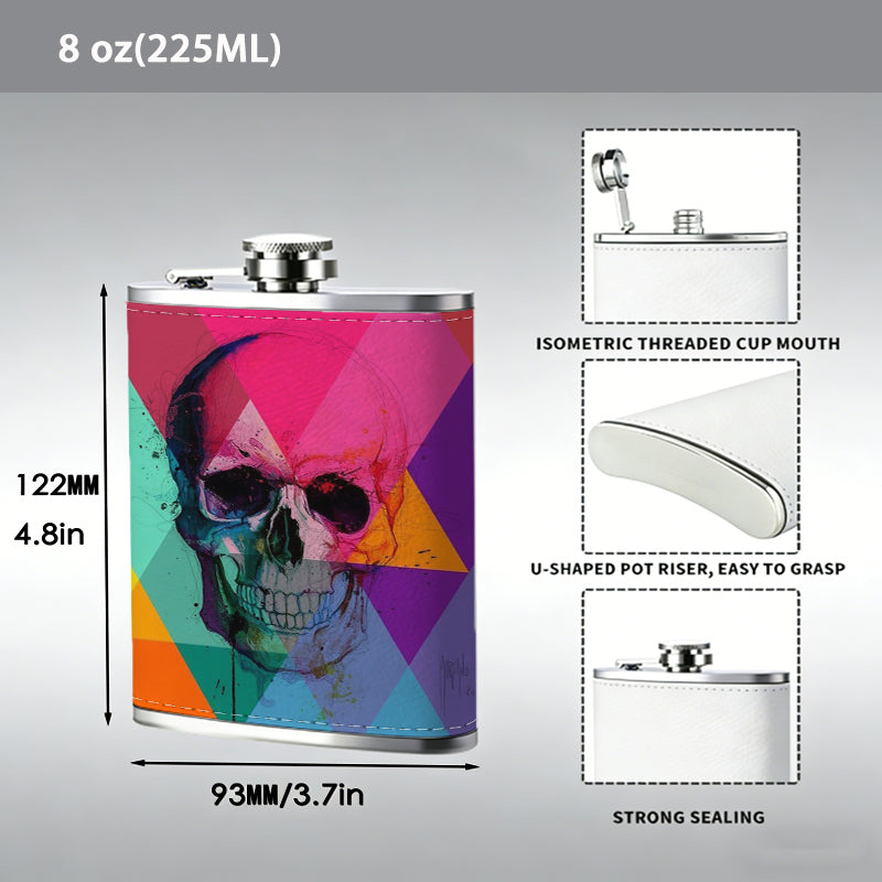 Glitchy skull with colorful rainbow background 304 Stainless Steel 8oz Hip Flask Portable Leak-Proof Pocket Whiskey Flask for Outdoor Camping Hiking