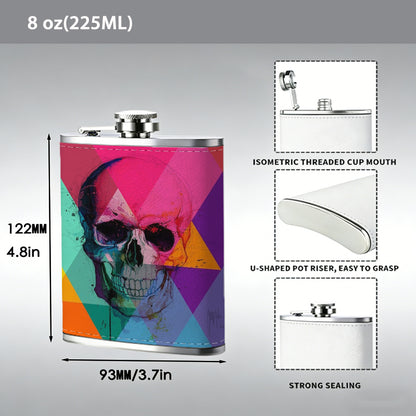 Glitchy skull with colorful rainbow background 304 Stainless Steel 8oz Hip Flask Portable Leak-Proof Pocket Whiskey Flask for Outdoor Camping Hiking