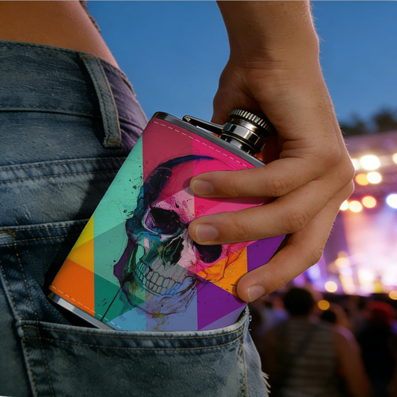 Glitchy skull with colorful rainbow background 304 Stainless Steel 8oz Hip Flask Portable Leak-Proof Pocket Whiskey Flask for Outdoor Camping Hiking