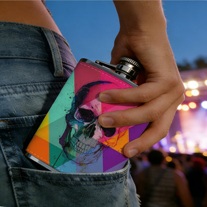 Glitchy skull with colorful rainbow background 304 Stainless Steel 8oz Hip Flask Portable Leak-Proof Pocket Whiskey Flask for Outdoor Camping Hiking