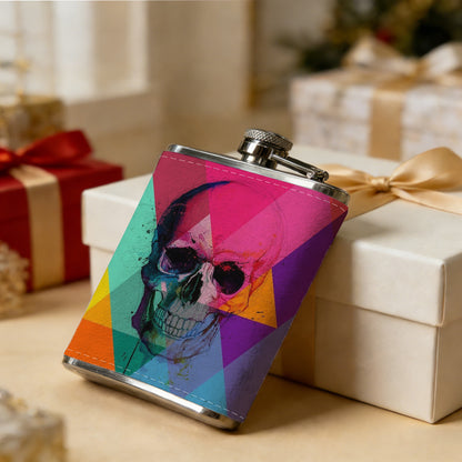 Glitchy skull with colorful rainbow background 304 Stainless Steel 8oz Hip Flask Portable Leak-Proof Pocket Whiskey Flask for Outdoor Camping Hiking