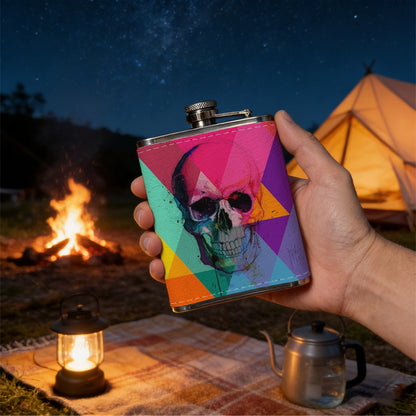 Glitchy skull with colorful rainbow background 304 Stainless Steel 8oz Hip Flask Portable Leak-Proof Pocket Whiskey Flask for Outdoor Camping Hiking