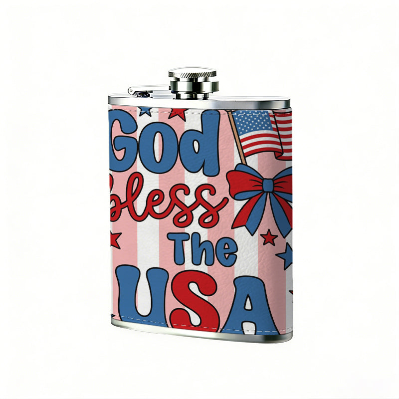 God bless USA with stars flag and bow 304 Stainless Steel 8oz Hip Flask Portable Leak-Proof Pocket Whiskey Flask for Outdoor Camping Hiking