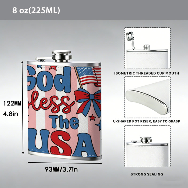 God bless USA with stars flag and bow 304 Stainless Steel 8oz Hip Flask Portable Leak-Proof Pocket Whiskey Flask for Outdoor Camping Hiking