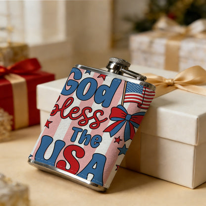 God bless USA with stars flag and bow 304 Stainless Steel 8oz Hip Flask Portable Leak-Proof Pocket Whiskey Flask for Outdoor Camping Hiking
