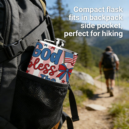 God bless USA with stars flag and bow 304 Stainless Steel 8oz Hip Flask Portable Leak-Proof Pocket Whiskey Flask for Outdoor Camping Hiking