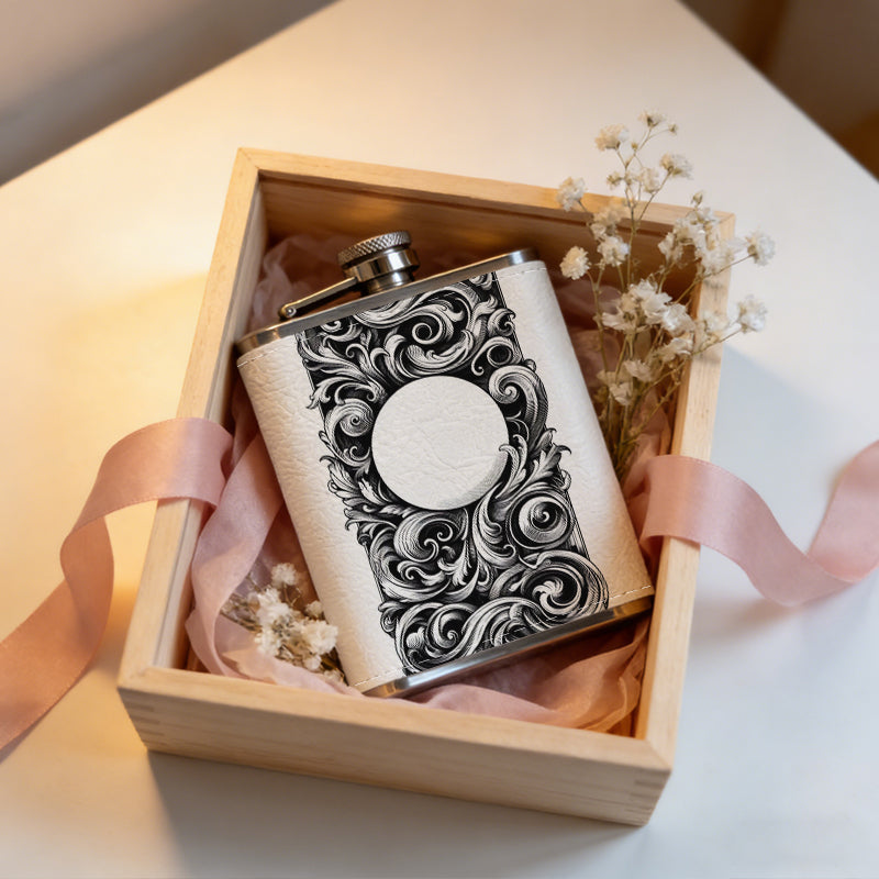Rectangular carved hollow scroll decorative frame 304 Stainless Steel 8oz Hip Flask Portable Leak-Proof Pocket Whiskey Flask for Outdoor Camping Hiking