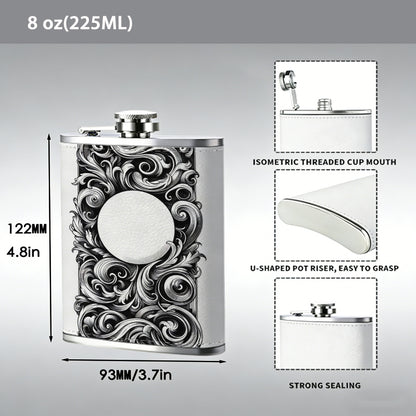 Rectangular carved hollow scroll decorative frame 304 Stainless Steel 8oz Hip Flask Portable Leak-Proof Pocket Whiskey Flask for Outdoor Camping Hiking