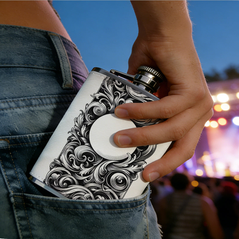 Rectangular carved hollow scroll decorative frame 304 Stainless Steel 8oz Hip Flask Portable Leak-Proof Pocket Whiskey Flask for Outdoor Camping Hiking