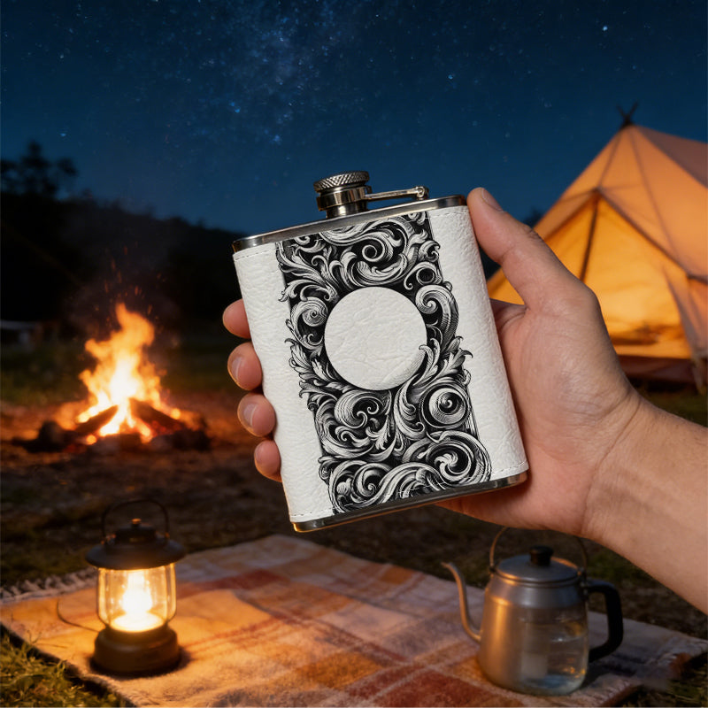 Rectangular carved hollow scroll decorative frame 304 Stainless Steel 8oz Hip Flask Portable Leak-Proof Pocket Whiskey Flask for Outdoor Camping Hiking