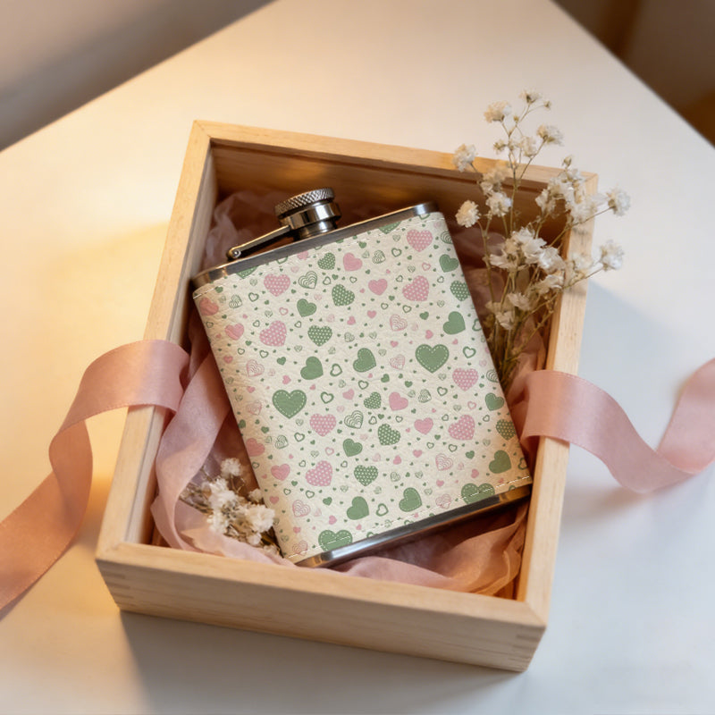 Pink and grey heart pattern 304 Stainless Steel 8oz Hip Flask Portable Leak-Proof Pocket Whiskey Flask for Outdoor Camping Hiking