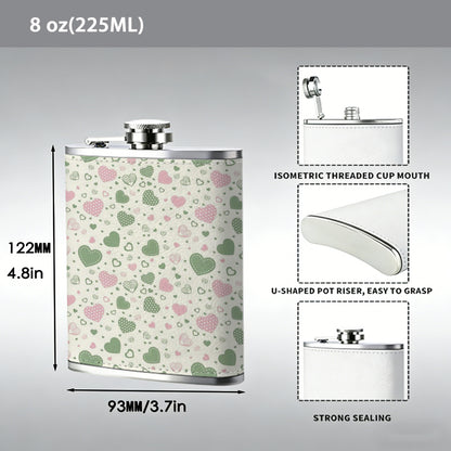 Pink and grey heart pattern 304 Stainless Steel 8oz Hip Flask Portable Leak-Proof Pocket Whiskey Flask for Outdoor Camping Hiking