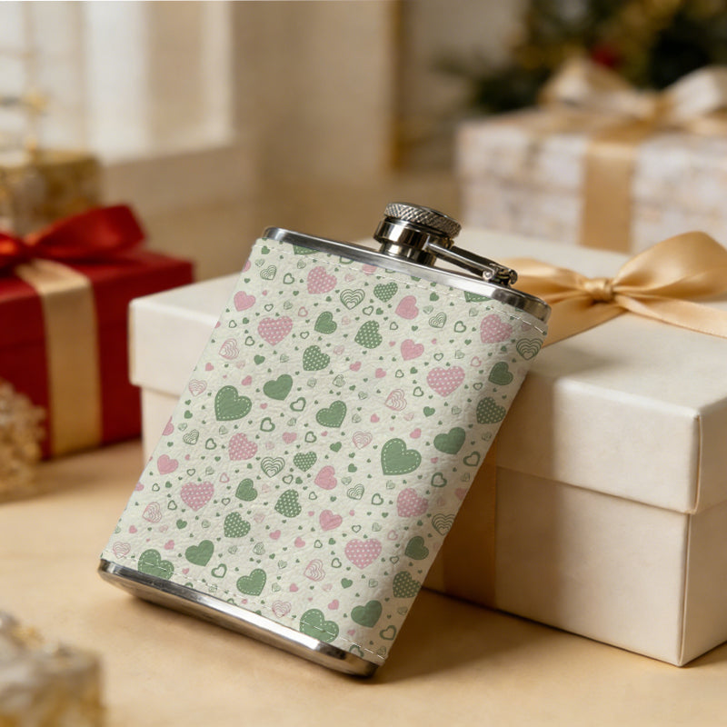 Pink and grey heart pattern 304 Stainless Steel 8oz Hip Flask Portable Leak-Proof Pocket Whiskey Flask for Outdoor Camping Hiking