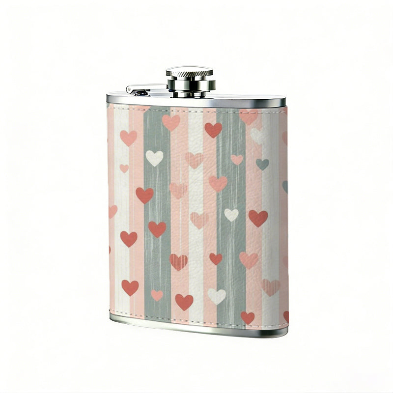 Hearts on striped background 304 Stainless Steel 8oz Hip Flask Portable Leak-Proof Pocket Whiskey Flask for Outdoor Camping Hiking