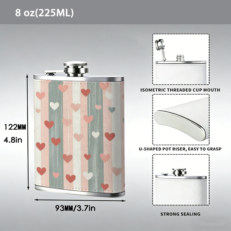 Hearts on striped background 304 Stainless Steel 8oz Hip Flask Portable Leak-Proof Pocket Whiskey Flask for Outdoor Camping Hiking