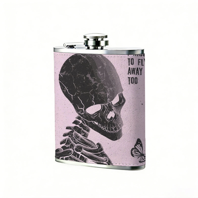 Black skeleton, butterfly and text 304 Stainless Steel 8oz Hip Flask Portable Leak-Proof Pocket Whiskey Flask for Outdoor Camping Hiking