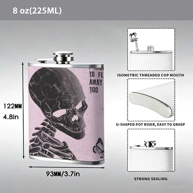 Black skeleton, butterfly and text 304 Stainless Steel 8oz Hip Flask Portable Leak-Proof Pocket Whiskey Flask for Outdoor Camping Hiking
